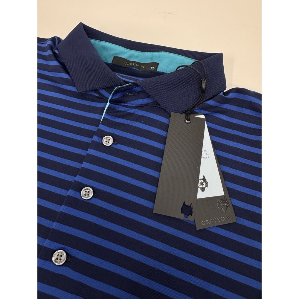 NWT Greyson Santa Ana Striped Performance Golf Polo Shirt Maltese Blue/Iona XL